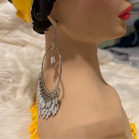 Large silver tone Hoop Earrings with hook backs. Chain dangle White Bead - Picture 5 of 10